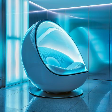 Futuristic Egg Chair: A modern egg-shaped chair glows with blue light inside an illuminated futuristic-looking interior space. #futuristic #design #modern #furniture #chair #aiart #aiphoto #stockcake ⬇️ Download and 📝 Prompt 👉 https://ayr.app/l/41NJ Futuristic Chair, Space Futuristic, Egg Shaped Chair, Broken Pencil, Calming Room, Blue Eggs, Round Chair, Blue Chair, Futuristic Design