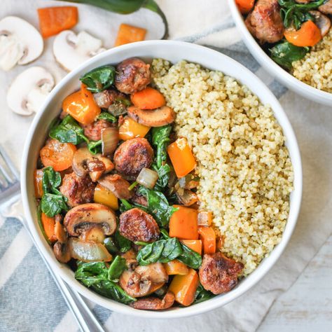 Quinoa Bowl Recipes, Pepper Quinoa, Sausage Mushroom, Weekly Meal Prep, Wilted Spinach, Weekend Camping, Quinoa Bowl, Sausage And Peppers, Spicy Sausage