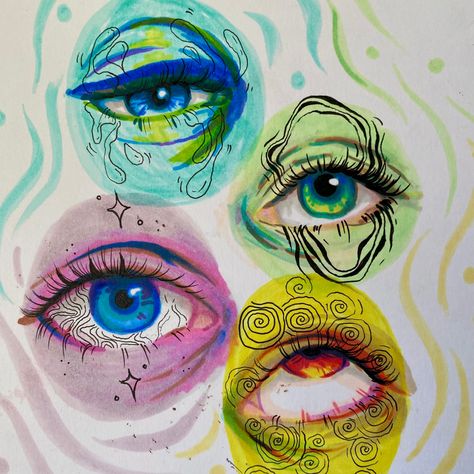 Boredom Drawings, Drippy Eyes Drawing, Funky Eye Painting, Trippy Eyes Drawing, Eye Drawings Trippy, Trippy Watercolor Art, Eye Art Trippy, Trippy Eye Sketch, Trippy Eye Painting