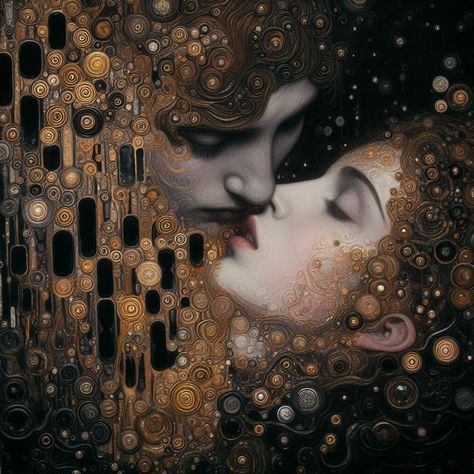 "Immerse yourself in the radiant embrace of \"Gilded Romance,\" a downloadable digital art print by Klinkjax inspired by the timeless masterpiece, Gustav Klimt's The Kiss. This captivating piece features two couples on the verge of a kiss, their love enveloped in golden hues and intricate patterns reminiscent of Klimt's iconic style. Elevate your space with this extraordinary downloadable digital art, meticulously crafted to evoke the passion and opulence of Klimt's masterpieces. \"Gilded Romance\" invites you to explore the harmonious dance of love, making it a thought-provoking and visually compelling addition to your collection. This downloadable print allows you to infuse your space with the timeless allure of gilded romance and artistic elegance instantly. Whether framed for a touch o Paintings Of Couples Dancing, Gustav Klimt Inspired Art, Kissing Art, Klimt Women, Two Couples, Gustav Klimt Art, The Kiss (klimt), Ceiling Painting, Whimsical Art Paintings