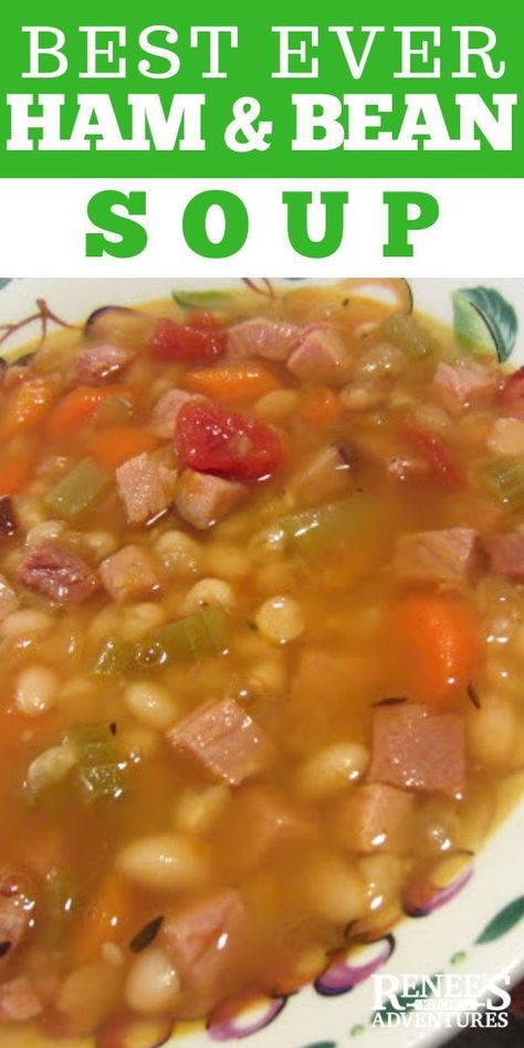 Ham and Bean Soup by Renee's Kitchen Adventures - classic ham and bean soup made easy on the stove top. Smoky ham, white beans, and veggies make this soup a family favorite. It's a healthy soup that will warm you right up! #soup #beansoup #hamandbeansoup Ham Soup Recipes, Ham And Bean, Soup Beans, Ham Soup, Ham And Beans, Ham And Bean Soup, Bean Soup Recipes, Smoked Cooking, White Bean Soup