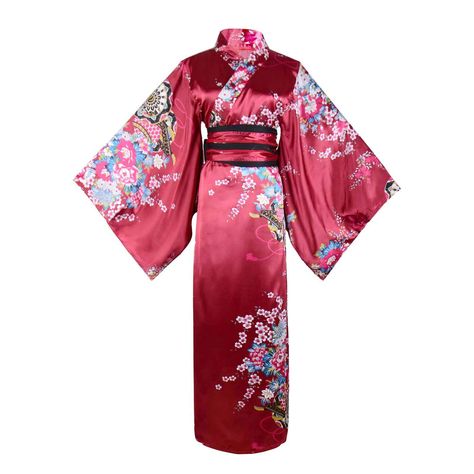 PRICES MAY VARY. -Size: One size fits most. Length 86cm, recommended for weight up to 70kg and height 150-168cm -Features: Gorgeous japanese kimono outfit mixes traditional japanese garb with sexy styling. This kimono dress features floral print design, wide obi belt with cute bowknot at the back, and loose long sleeve. The fabrics is soft, flowy and luxurious, with good drape, which can flatter your beautiful curves when clings to your skin. You will surely have a comfortable night with this se Japanese Kimono Outfit, Yukata Women, Kimono Costume, Kimono Traditional, Japanese Yukata, Japanese Traditional Clothing, Japanese Costume, Traditional Japanese Kimono, Pink Kimono