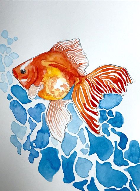 Goldfish Watercolor Painting, Goldfish Art Painting, Cute Goldfish Drawing, Watercolor Paintings Fish, Colorful Fish Drawing, Watercolor Art Fish, Painted Goldfish, Goldfish Drawing, Fish Watercolor Painting