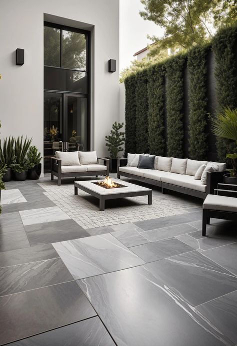 23 Gorgeous Paver Patio Ideas You Must See 61 Grey And White Patio Ideas, Modern Stone Patio, Front Patio Design, Large Patio Ideas, Luxury Patio Design, Terasa Ideas, Paved Patio Garden Ideas, Large Paver Patio, Pool Patio Pavers