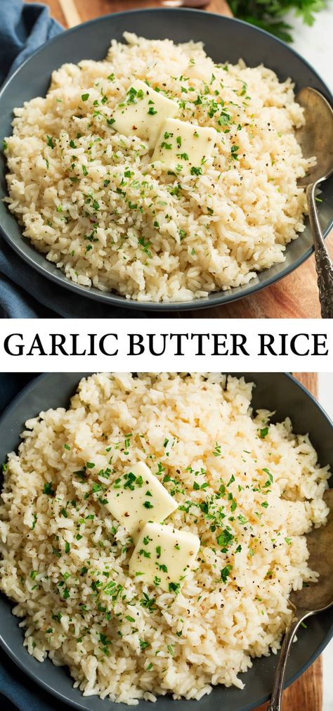 Garlic Butter Rice is made with basic long grain white rice, fresh garlic, a fair amount of rich butter, and chicken broth for extra flavor. Easiest rice recipe! Recipe on cookingclassy.com. Buttered Rice Recipe, Tasty Rice Recipes, Garlic Butter Rice, Meal Planing, White Rice Recipes, Rice Side Dish Recipes, Easy Rice, Rice Side, Rice Side Dishes