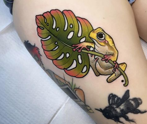 Neo Traditional Matching Tattoos, Neotraditional Color Tattoo, 2 Color Tattoo, Neo Traditional Monstera Tattoo, Neo Traditional Alligator Tattoo, Trad Mushrooms Tattoo, Earthworm Jim Tattoo, Insect Tattoo Color, Neo Traditional Plant Tattoo