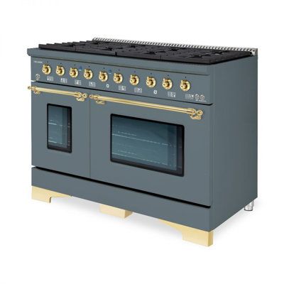 Classico Series 48" Dual Fuel Freestanding Range, Natural Gas (NG), Main Oven Capacity is 4.2 Cu. ft. manual convection cooking mode this impressive range boasts an Electric convection oven with broiler, has extra-large viewing oven window, and Auxiliary Oven Capacity is 2.5 Cu. ft. Convection Oven. Dual Fuel Ranges come with 8-sealed burners & Removable professional griddle-grill made in Italy, convenient continuous heavy-duty cast-iron grates, and versatile multi-functional ovens; our ranges a Hallman Range In Kitchen, Wolf Gas Range, Porcelain Oven, Gas Ranges, Convection Range, Kitchen 2024, Convection Cooking, Cooking Range, Griddle Grill