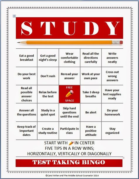 Test Taking and Study Skills Bingo - The Middle School Counselor Middle School Study Skills, Study Skills Activities, Study Skills Worksheets, Middle School Counselor, High School Counseling, Middle School Counseling, Study Strategies, Counseling Lessons, Guidance Lessons