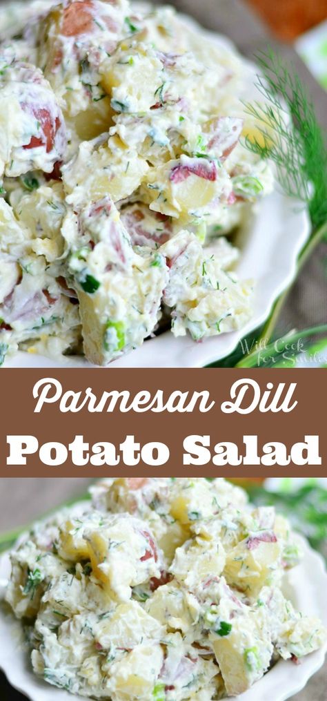 Parmesan Dill Potato Salad - creamy potato salad recipe made with red potatoes, shaved Parmesan cheese, fresh dill weed, and a touch of lemon zest. #potato #salad #sidedish #barbecue #potluck Creamy Potato Salad Recipe, Salad Parmesan, Bavarian Potato Salad, Dill Potato Salad, Dill Potato, Greek Lemon Potatoes, Best Potato Salad Recipe, Roasted Potato Salads, Dill Potatoes