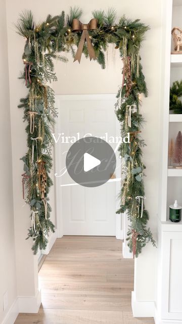 Stephanie Hanna on Instagram: "This is such an amazing hack but it does take a little bit of patience 🫠 I bought a shower stall rod since the normal shower rods were too big for my space. Would you try this?  Materials I used: 6 garlands Shower Stall tension rod Zip ties (a must) Ribbon for bows Gold tinsel  Large metal bow @pinkantlersshop  . . . . . . #hack #homehack #christmashack #decorhack #garland #garlandhack #christmasdecor #diy #diydecor #diyholidaydecor" Christmas Garland On A Tension Rod, Shower Rod Garland Christmas, Garland Curtain Rod Hack, Shower Curtain Garland, Shower Rod Garland, Christmas Archway Decor Indoor Diy, Shower Rod Christmas Garland, Tension Rod Christmas Garland, Garland Around Door Frame