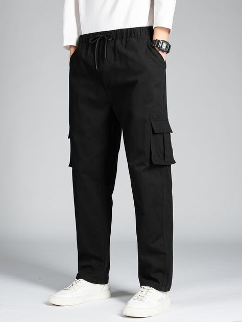 Black Street   Polyester Plain Cargo Pants Embellished Non-Stretch All Men Bottoms Celana Kargo, Mens Cargo Trousers, Pants Outfit Men, Drawstring Waist Pants, Mens Work Pants, Aesthetic Grunge Outfit, Stylish Hoodies, Guys Clothing Styles, Outdoor Pants