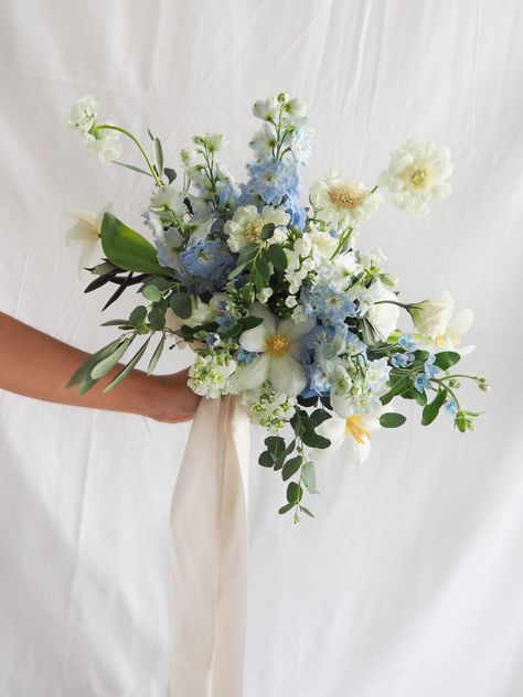 Bridal Flowers - Floral Magic Blue Yellow Weddings, Yellow Bridal Bouquets, Evergreen Flowers, Bridal Bouquet Blue, Yellow Bouquets, Winter Wedding Bouquet, Blue Wedding Bouquet, White Wedding Bouquets, Blue Bouquet