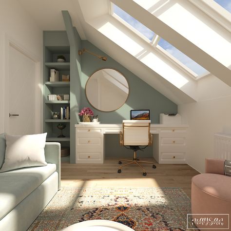 Attic Home Office, Attic Room Ideas, Apartemen Studio, Home Office Interior Design, Attic Office, Home Office Interior, Attic Bedroom Designs, Loft Office, Attic Design