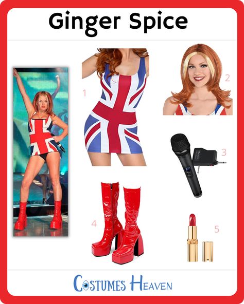 Ginger Spice Dress, Ginger Spice Outfit Ideas, Ginger Spice Halloween Costume, Ginger Girl Halloween Costumes, Red Head Costume Ideas Women, Ginger Characters Halloween, Ginger Spice Outfit, Costumes For Gingers, Ginger Hair Halloween Costume