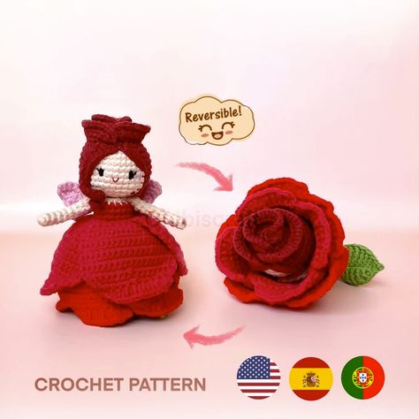 Reversible Rose Fairy Amigurumi Pattern by Chibiscraft - crochet envy Reversible Rose Fairy, Handmade Childrens Gifts, Fairy Amigurumi, Crochet Succulent, Crochet Dragon Pattern, Rose Fairy, Confection Au Crochet, Crochet Rose, Crochet Instructions