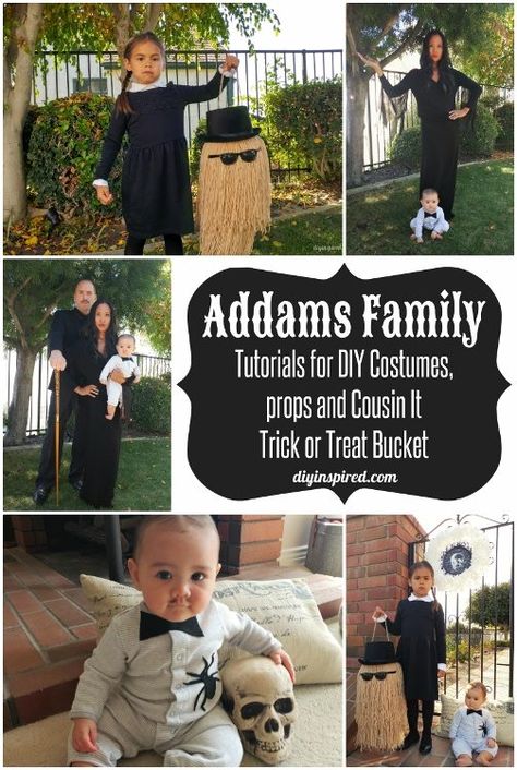 DIY Addams Family Halloween Costumes for Adults, Kids, and Babies; Transform your family into Gomez, Morticia, Wednesday, and Baby Pubert Addams and seriously spook the neighbors! Halloween Costumes Addams Family, Costume Halloween Famille, Adams Family Costume, Addams Family Halloween Costumes, Adams Family Halloween, Addams Family Halloween, Family Costumes Diy, Bonnie Und Clyde, Addams Familie