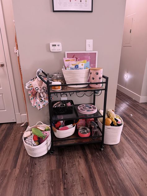 Bar cart 
Dog cart 
Dog 
Puppy accessories 
Dog essentials Dog Cart Organization, Dog Grooming Area In Home, Pet Eating Area, Puppy Set Up Ideas Dog Crates, Puppy Set Up Ideas In Bedroom, Puppy Corner Ideas, Apartment Dog Ideas, Dog Set Up, Puppy Setup