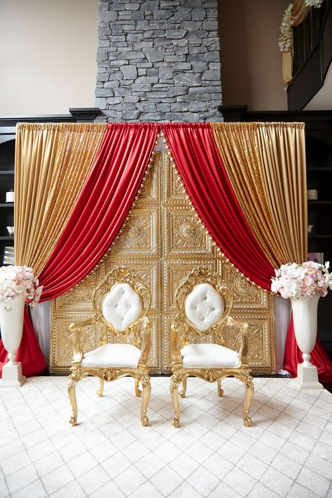 Top Wedding Decor Calgary is a premier event design house that offers styling and wedding decor services, including floral arrangements, specialty linens, rental furniture, specializing in the South Asian market. Our style affinity is more fusion, and less traditional to cater to today's generation of newlyweds. Punjabi Wedding Backdrop, Punjabi Wedding House Decor, Backdrop Draping, Haldi Decoration Ideas, Haldi Decoration, Indian Wedding Theme, Reception Stage, Vinyl Wall Panels, Reception Stage Decor