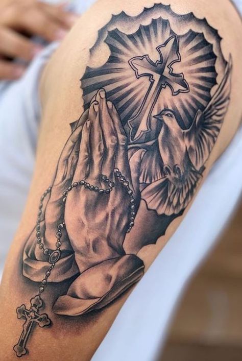 Tattoo Ideas For Men Left Arm, Cross And Hands Tattoo, Prying Hands Tattoo, Spiderweb Hand Tattoo Men, Rosery Tattoos Men, Tetovaze Za Ruku Muske, Catholic Tattoos Men, Back Hand Tattoo Men, Holy Tattoos For Men