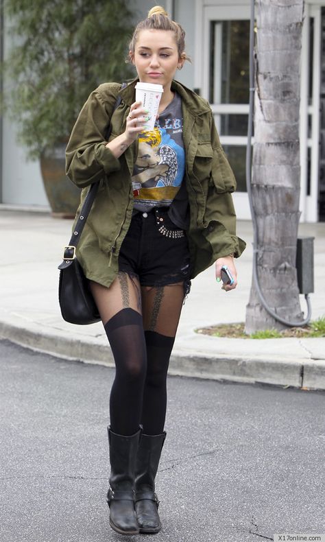 Miley Cyrus stockings, boots, and starbucks Miley Cyrus 2012, Miley Cyrus Style, Rock N’roll, Army Jacket, Celebrity Look, Cute Celebrities, Celebrity Dresses, Miley Cyrus, Grunge Fashion