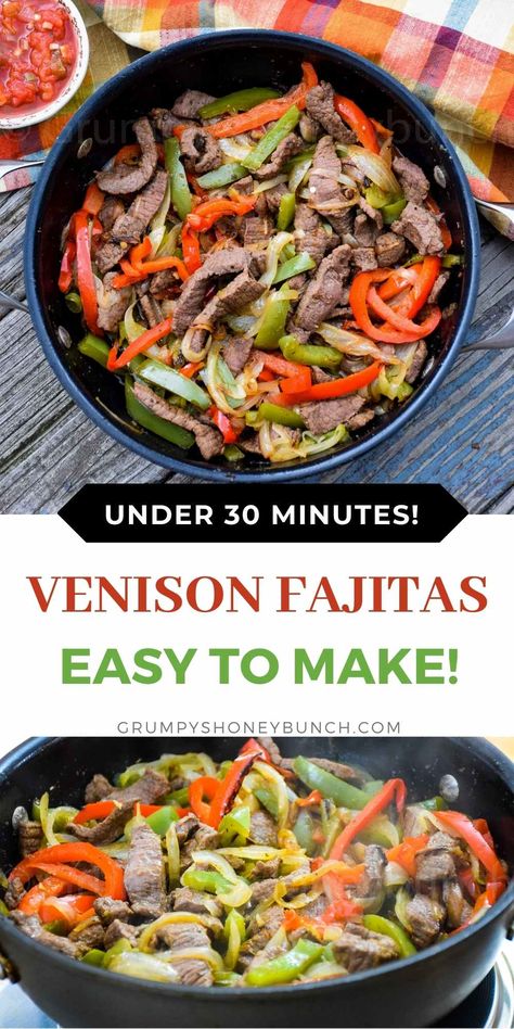 Venison Steak Fajitas, Venison Fajitas Recipe, Dinner Ideas With Venison, Deer Fajitas, Deer Steak Recipes Skillet, Recipes With Ground Venison, Recipes With Venison, Venison Stir Fry Recipe, Venison Stir Fry