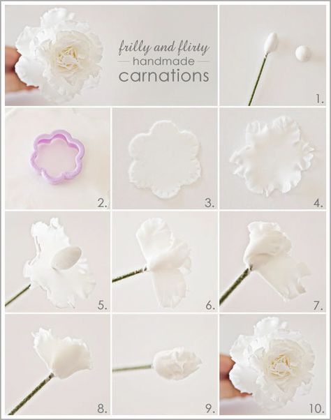 DIY Tutorial: Frilly Handmade Gumpaste Carnations, from Miso Bakes, flowers, cake decorating Flori Fondant, Sugar Paste Flowers, Sugar Flowers Cake, Sugar Flowers Tutorial, Fondant Flower Tutorial, Decoration Patisserie, Icing Flowers, ดินปั�้น Polymer Clay, Gum Paste Flowers