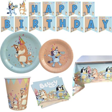 PRICES MAY VARY. WHAT YOU GET: you will receive 16 Dinner plates 9 " |16 Dessert plates 7 "| 16 napkins 5.5"|16 paper cups 9oz.| Tablecloth 54"x 108"|"HAPPY BIRTHDAY" Banner 95" SOFT AND CUTE DESIGN: To make your bluey birthday party decor more unique we designed these soft appealing colors that match the colors of Bluey and Bingo. Our Supplies have surprise and cheer birthday elements on our cups, plates and banner for you to throw a fun yet cute birthday party for your girl or boy. HIGH QUALIT Peach Party Decorations, 3rd Birthday Party For Boy, Blue Party Decorations, Blue Birthday Parties, Second Birthday Ideas, Boy Birthday Party Themes, Birthday Party Set, 2nd Birthday Party Themes, Birthday Plate