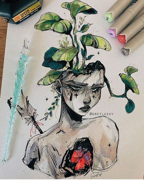 Drawing Ideas In Sketchbook, Simple Fantasy Art Ideas, Plants Growing Out Of People Art, Cool Things To Paint On Canvas Creative, Cool People To Draw, Art Sketches Ideas Creative Sketchbook Pages, Art Sketching Ideas, Different Art Styles Ideas, Dark Art Sketchbook