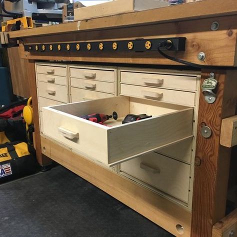 Workshop Drawers Diy, Workshop Cabinets Diy, Workbench With Drawers Plans, Workbench Drawers Diy, Shop Cabinets Ideas, Shop Drawers, Workbench Drawers, Workshop Drawers, Diy Pull Out Shelves