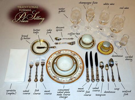 Before we can dive into the finer points of dining etiquette, it’s important to know the tools of the trade: the place setting. While most of what I share with you will be for somewhat informal occasions, you should know that formal place settings have up to 13 pieces of flatware! Talk about confusing! Casual Place Setting The typical place ... Table Setting Etiquette, Emily Post, Table Etiquette, Royal Table, Silver Display, Kitchen Guide, Dining Etiquette, Tafel Decor, Fish Platter