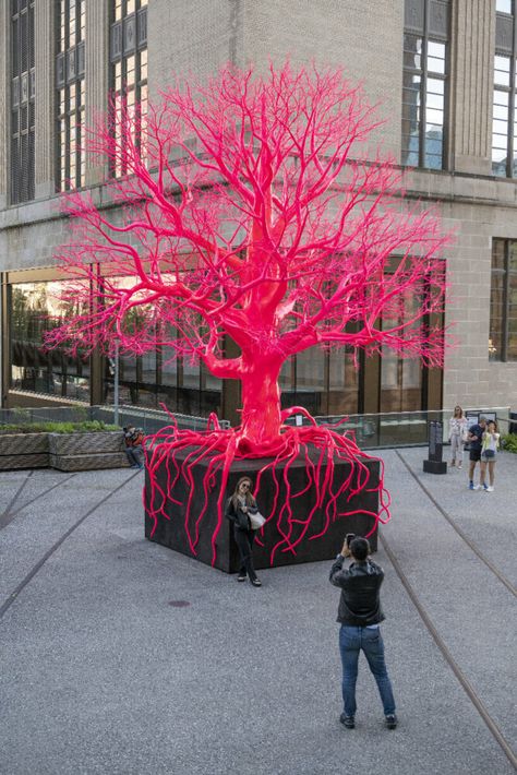 Human Tree, Red Sculpture, Outdoor Artwork, Pink Tree, Public Sculpture, Tree Artwork, Flower Arrangements Simple, Pink Aura, Old Tree