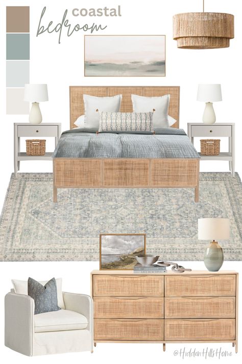 Coastal bedroom decor mood board with seafoam green accents! Gorgeous bedroom decor ideas with cane bed! This bedroom would be perfect for a beach house or a lake home Blue White Wood Bedroom, Blue And Rattan Bedroom, Blue Accent Bedroom Ideas, Traditional Coastal Bedroom, Coastal Nightstand Bedroom, Blue And White Master Bedrooms Decor, Coastal Boho Bedroom Ideas, Cane Bedroom Ideas, Coastal Master Bed