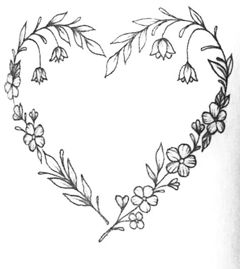 Plant Heart Drawing, Plant Heart Tattoo, Heart And Flowers Drawings, Heart Flowers Drawing, Floral Heart Drawing, Heart With Flowers Drawing, Heart Flower Drawing, Floral Heart Tattoo, Heart With Flowers