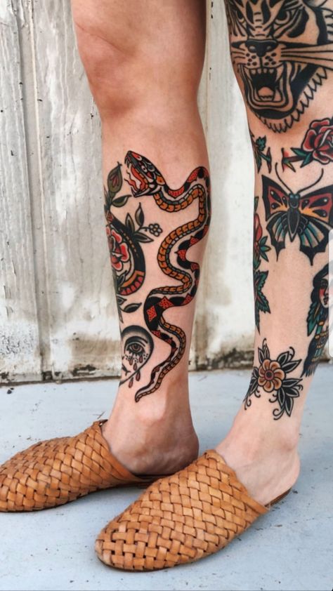 Traditional Calf Tattoo, Traditional Leg Tattoos Women, Traditional Leg Tattoos, Lean Tattoo, Knee Tats, Tattoo Date, Traditional Tattoo Leg Sleeve, Girl Neck Tattoos, Shin Tattoo