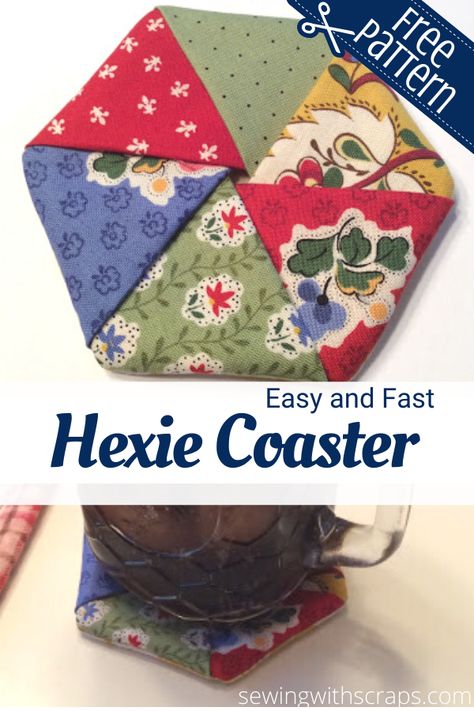 Quilting Coasters Patterns, Material Coasters Fabric Scraps, Small Quilted Gifts Free Patterns, Paper Pieced Mug Rug Patterns Free, Hexagon Coasters Free Pattern, Hexagon Trivet Free Pattern, Hexagon Mug Rug, Coaster Template Free Printable, Hand Sewn Coasters