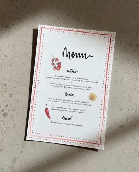 Perth Wedding Stationery & Signage on Instagram: "Custom watercolour illustrations paired with a hand drawn border and spot lettering, printed on white card. The illustrations add a personal touch to your stationery and can be used for all your stationery items starting from save the dates, invites, menus and signage 👩‍🎨🎨🍅🍋🌶️⁠" Homemade Menu Card, Watercolor Art Wedding Invitation, Watercolour Menu Design, Wedding Menu Italian, Watercolour Invitations Wedding, Wedding Stationary Illustration, Custom Menu For Dinner Party, Hand Drawn Menu Wedding, Hand Written Menu Cards