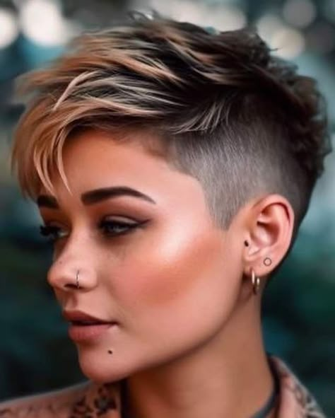 Short Female Haircut Shaved Sides, Blonde Pixie With Dark Roots, Asymetrical Haircut Short Edgy, Bold Hair Color For Short Hair, Short Hair With Shaved Sides For Women, Short Hair Styles For Women Pixie, Hair Color Ideas Short Hair Pixie Cuts, Short Blonde Hairstyles Pixie, Short Hair With Shaved Side