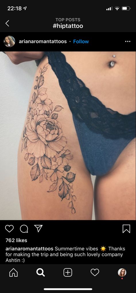 Floral Hip Tattoo, Flower Hip Tattoos, Sunflower Tattoo Thigh, Upper Thigh Tattoos, Hirsch Tattoo, Side Thigh Tattoos, Bum Tattoo, Flower Thigh Tattoos, Hip Thigh Tattoos