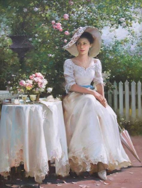 Specializing in figurative painting, he has become one of the most sought after artists in the country for his romantic paintings of women. العصور الوسطى, Romantic Paintings, Painted Ladies, Chique Outfits, Tea Party Garden, Montage Photo, Victorian Art, Moda Vintage, Southern Belle