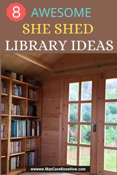 You love nothing more than to curl up in a cozy chair with your favorite throw, a cup of tea, and a good book. The only problem is because of the kids and all your household obligations it seems you rarely get the time to read anymore. That’s part of why you want a she shed, for the privacy and a place to read. So, how can you incorporate a library into your she shed to benefit from both your passions? #sheshedlibrary #sheshedlibraryideas #affiliate #sheshed She Shed Library, Shed Library, Small She Shed, Tiny Library Room, Tiny She Shed, Cottage Homes Interior, She Shed Interior Ideas, Cottage Library, Moving New House