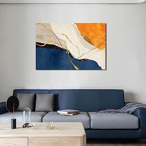 Blue minimalist abstract theme canvas wall art decor: 24"*36" inch(60*90cm), suitable size makes it a great decor addition to your home.
High Definition modern orange abstract painting, nave blue picture photo printing on high-quality canvas. This abstract wall art is already stretched on solid wooden frames, and gallery wrapped hook is already mounted on the stretcher bar, ready to hang. Edges are painted, and each panel is wrapped in a plastic bag. Navy Blue Orange And Gold Living Room, Orange And Blue Living Room Decor Ideas, Orange And Blue Wall Art, Fireplace Artwork, Grey And Orange Living Room, Blue And Orange Art, Blue And Orange Living Room, Resin Business, Artwork For Bedroom