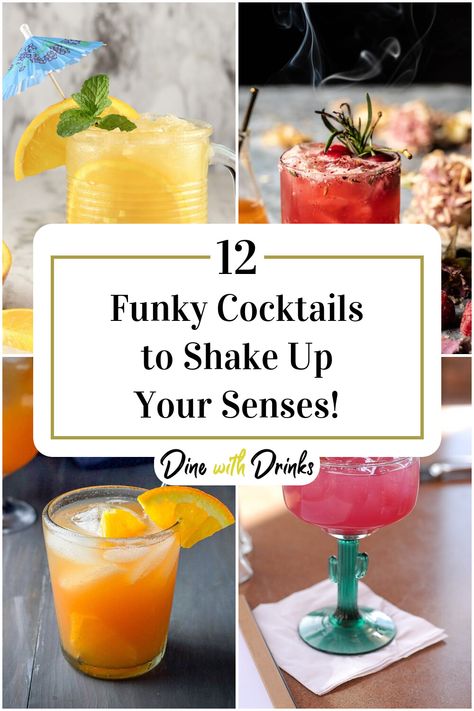 Collage of 4 funky cocktails. Crazy Cocktail Recipes, Funky Cocktails, Quirky Cocktails, Bartender Game, Frankie Recipe, Unique Cocktail Recipes, Funny Cocktails, Cocktail Trends, Fun Drink Recipe