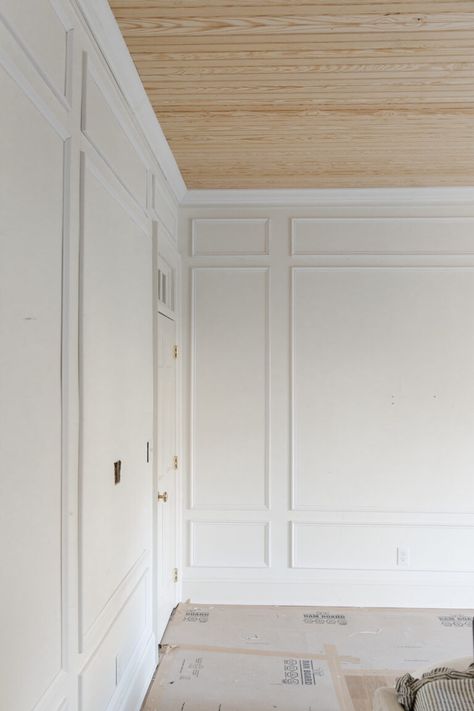 How We Measured and Installed Custom Box Trim in our Bedroom - Chris Loves Julia Bedroom Ideas With Wainscoting, White Waynes Coating Bedroom, Decorative Wall Trim Bedrooms, French Wall Trim, Judges Paneling Bedroom, Trim On Bedroom Walls, Wainscoting Two Tone, Primary Bedroom Molding, Primary Bedroom Paneling