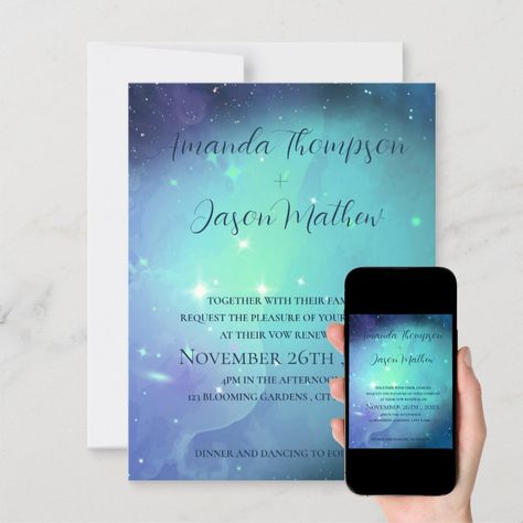 Purple Typography, Star Themed Wedding, Wedding Vow Renewal, Vow Renewal Invitations, Stars Wedding, Galaxy Wedding, Postcard Wedding Invitation, Typography Wedding, Wedding Vows Renewal