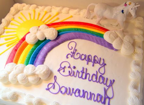 Rainbow Unicorn Birthday Party with Free Printables - The Cottage Mama Cake Children, Costco Cake, Rainbow Unicorn Birthday Party, Rainbow Cakes, Sheet Cake Designs, Girls Cake, Birthday Sheet Cakes, Rainbow Unicorn Party, Novelty Birthday Cakes