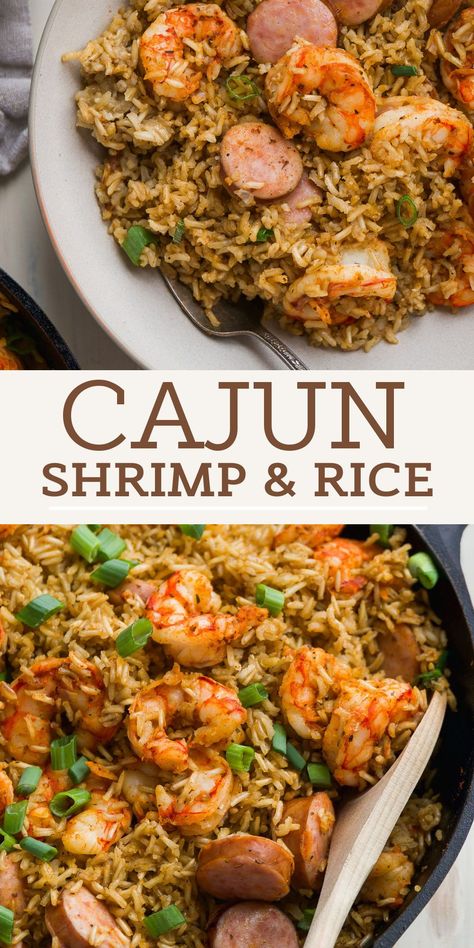 This cajun shrimp rice skillet recipe is an easy weeknight dinner that's packed with flavor the entire family will love! Made with fluffy spiced up brown rice and flavorful shrimp and kielbasa sausage and comes together in under an hour. Shrimp Catering Ideas, Wife Me Up Recipes, Cajun Style Rice, Cajun Brown Rice, Shrimp And Sausage Recipes Rice, Cajun Shrimp And Sausage Rice, Ground Beef And Shrimp Recipes, Dinner Ideas For 4 Adults, Jumbo Shrimp Recipes Dinners