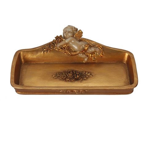 PRICES MAY VARY. Vintage Style: This stunning jewelry tray with a golden color scheme is a beautiful combination of vintage charm and modern functionality. Exquisite Design: The tray is rectangular in shape and features a vivid cherub lying amongst a bed of roses. The centerpiece of the tray is a detailed floral design, adding an extra touch of elegance. The golden color adds a touch of sophistication to any room. Material Quality: The tray is made from eco-friendly resin, making it a sustainabl Jewelry Tray Aesthetic, Jewelery Storage, Aesthetic Tray, Makeup Storage Organizer, Rectangular Ring, Jewerly Organizer, Resin Making, Gift Aesthetic, Vintage Tray