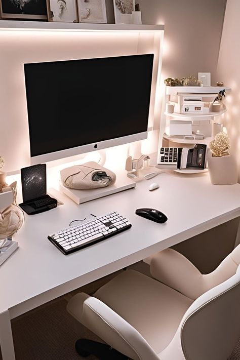 17 Aesthetic Desk Setup Ideas (To Actually Enjoy Working) - Arabella Stokes Cute Desk Ideas For Work, Aesthetic Desk Setup Ideas, Chic Office Desks, Setup Minimalist, Aesthetic Desk Setup, Desk Setup Ideas, 17 Aesthetic, Imac Desk Setup, Black Room Decor