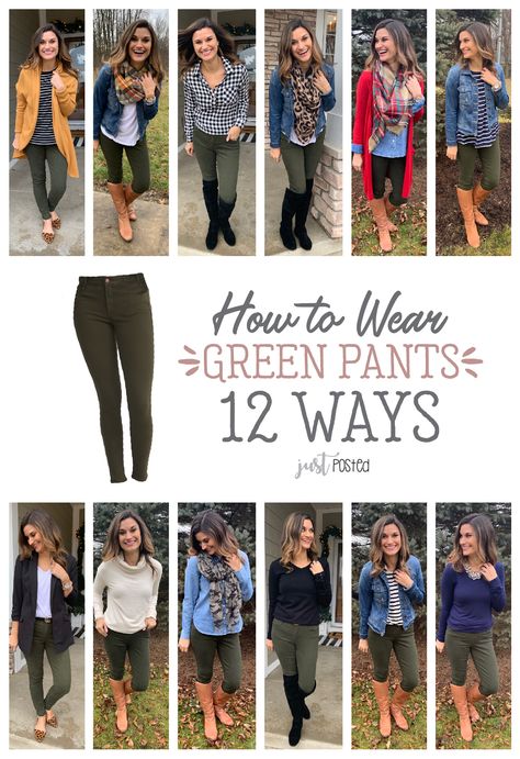 How to wear green pants 12 different ways! I love that you can wear these olive green pants in so many different ways. They are a perfect item for a capsule wardrobe too! These green pants are perfect to dress up or down, to wear to work outfit or for a teacher outfit! Pantalon Vert Olive, Olive Pants Outfit, Olive Green Pants Outfit, Green Pants Outfit, Hiking Hairstyles, Olive Pants, Teaching Outfits, Olive Green Pants, Backpacking Hiking