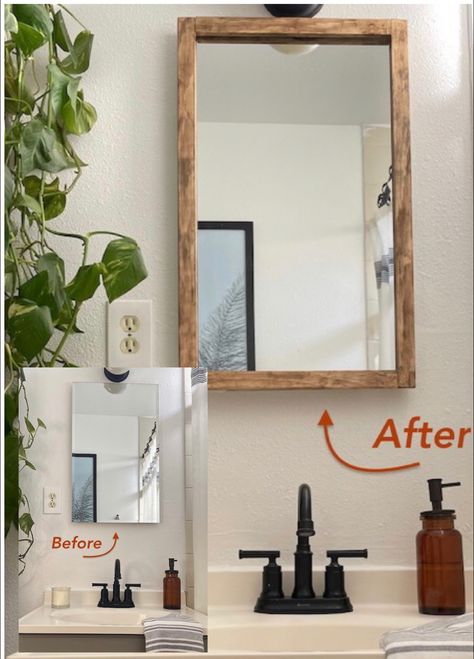 Rental Friendly Mirror Frame, Half Bathroom Rental Ideas, Rental Mirror Makeover, Rental Bathroom Mirror Makeover, Renter Friendly Medicine Cabinet Makeover, Renter Friendly Bathroom Mirror Upgrade, Renter Friendly Mirror Upgrade, Apartment Bathroom Mirror Makeover, Renter Friendly Entry Way